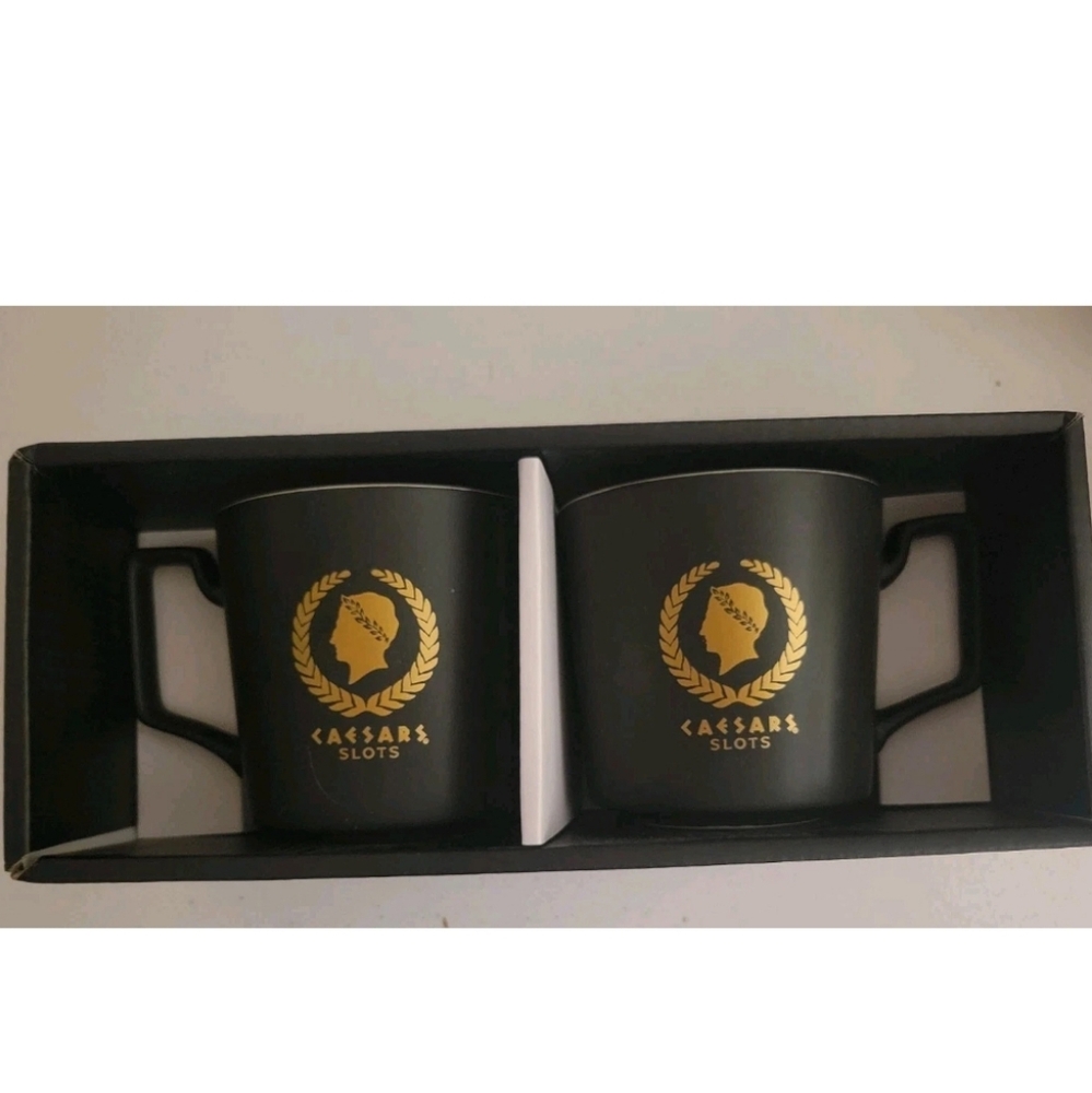 NEW Black Boxed Set Caesars Palace Slots Casino Coffee Mugs Bone China Cup Promo